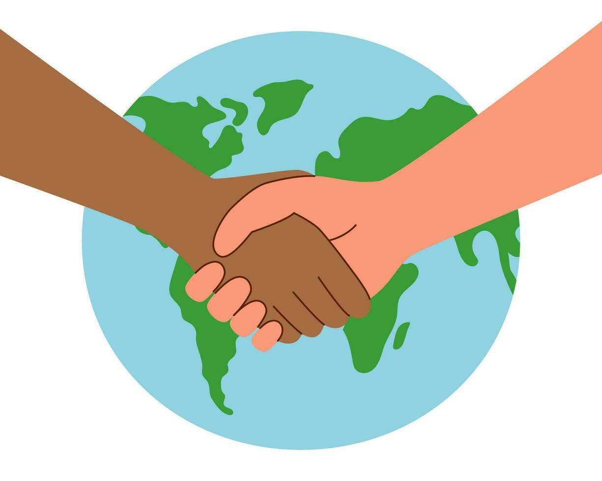 Handshaking hands of different skin tones in front of the planet. vector