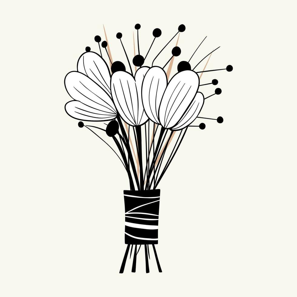 Vector monochrome bouquet. Hand drawn spring flowers in black. Flowers outline.