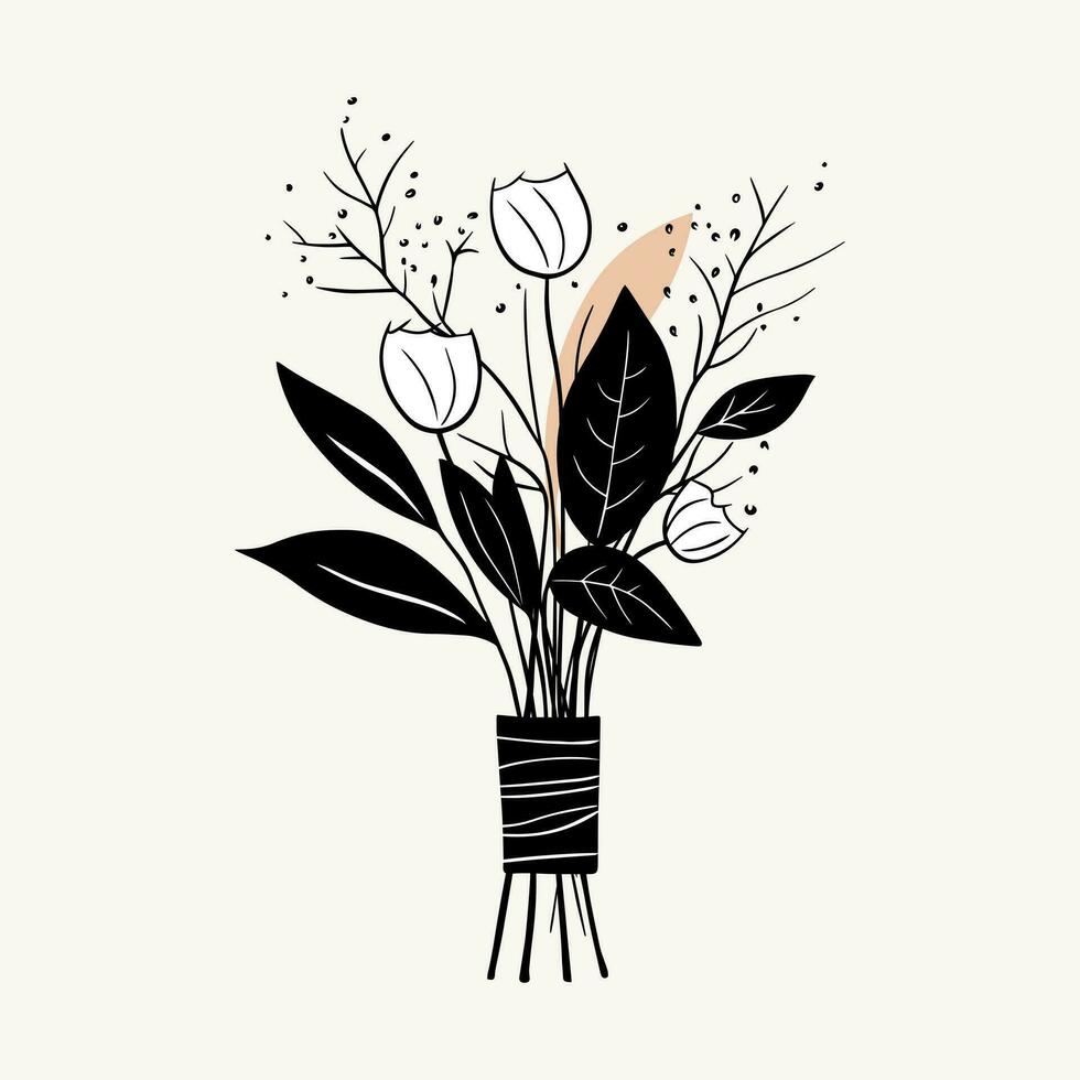 Vector monochrome bouquet. Hand drawn spring flowers in black. Flowers outline.