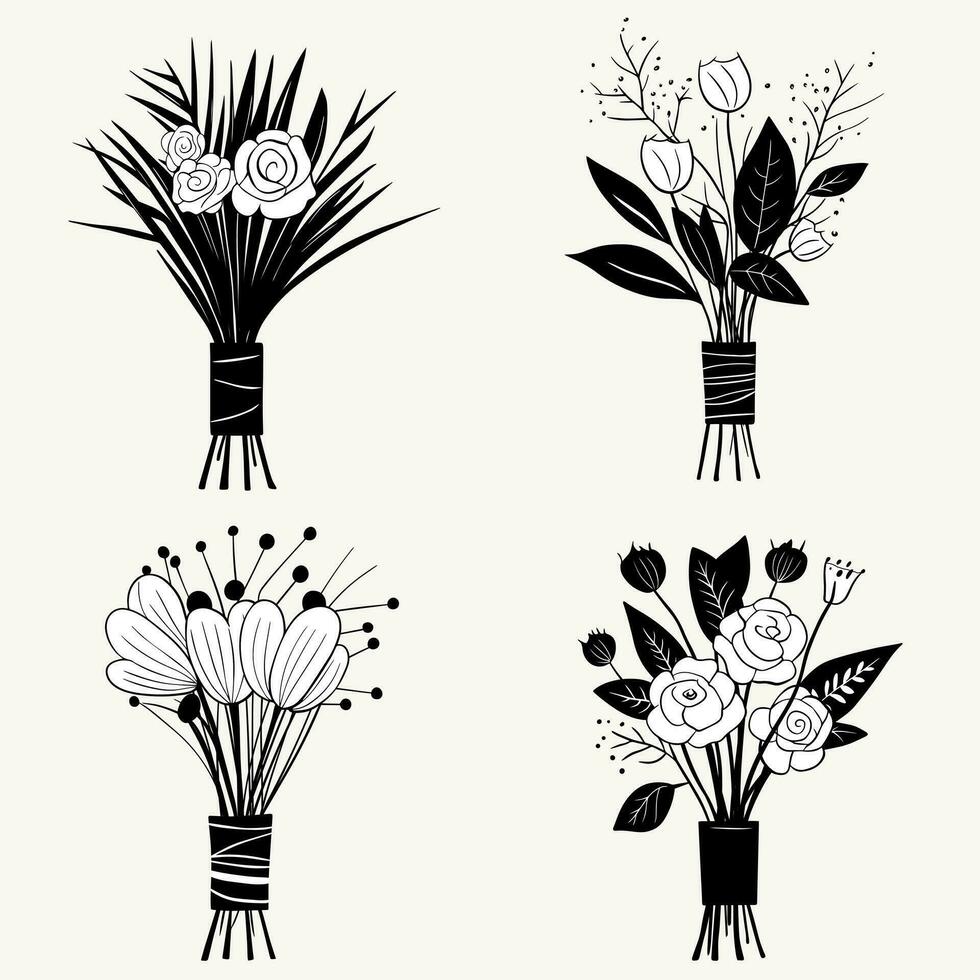 Monochrome flower bouquets hand drawn. Vector outline set of spring bouquets in black.