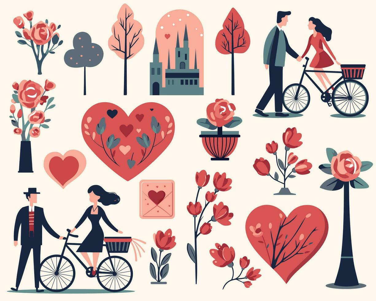 Valentines day set, romantic design for cards, posters, banners. Couple in love, hearts, floral bouquets. Vintage vector. vector