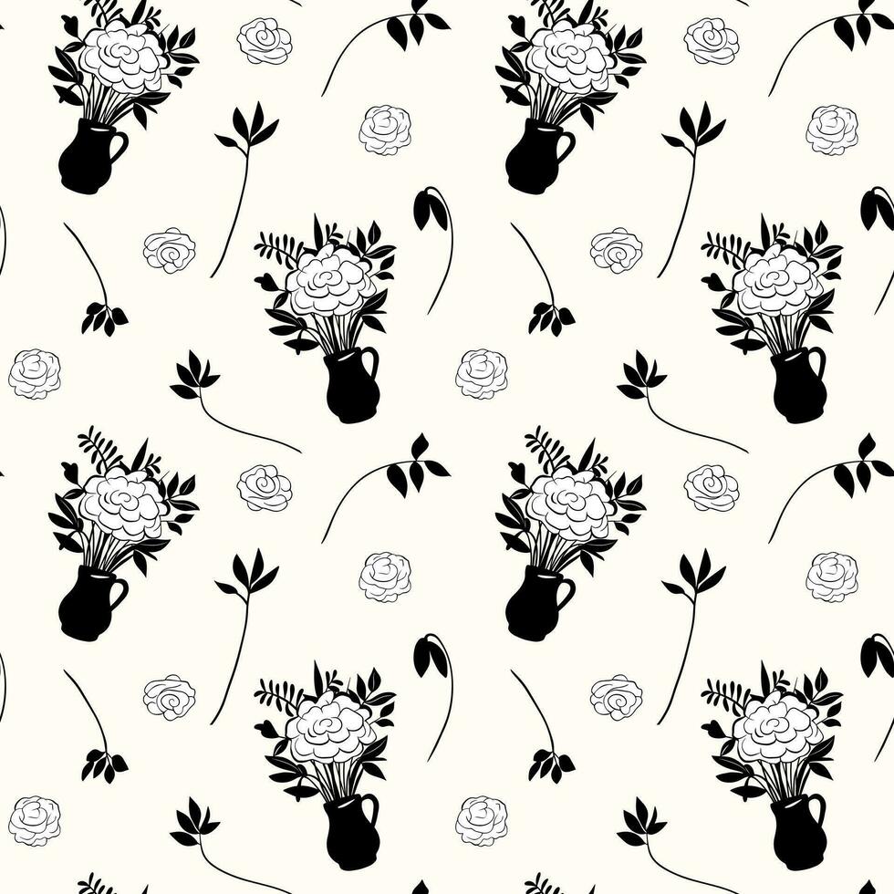 Monochrome floral pattern. Seamless background with bouquets and branches. Hand drawn botanical wallpaper vector