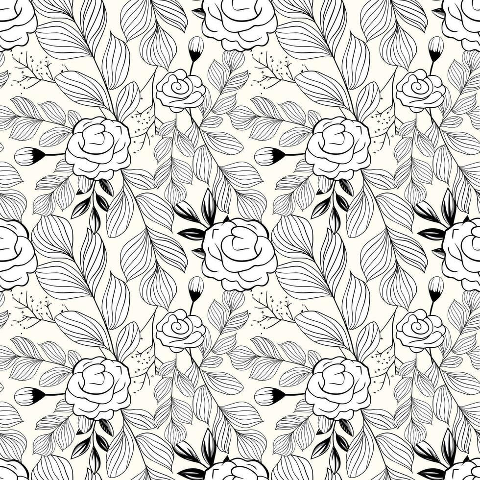Monochrome botanical pattern. Seamless background with leaves. Hand drawn outline floral wallpaper vector