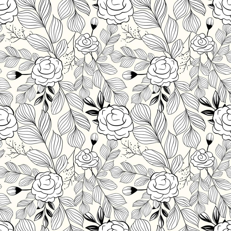 monocromo botánico modelo. sin costura antecedentes con hojas. mano dibujado contorno floral fondo de pantalla vector