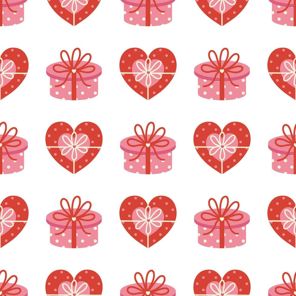 regalo caja sin costura vector modelo. fiesta contenedores en el forma de corazón, círculo. romántico regalos con polca puntos, fiesta cinta, arco. rojo y rosado sorpresas antecedentes para san valentin día, fecha