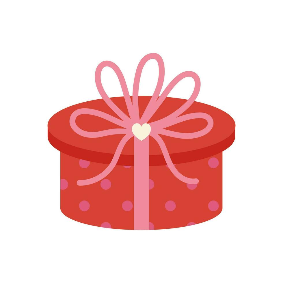 Red round gift box, vector icon. Cute closed container with polka dots, bow, holiday ribbon, heart. Surprise for Valentines Day, wedding, date. Cartoon illustration isolated on white. Flat clipart