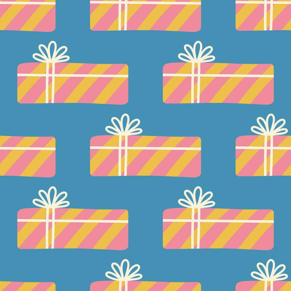 Presents, seamless vector pattern. Gift boxes with ribbon, bow. Holiday containers packed in striped wrapping paper. Surprise for the Christmas, New Year, Birthday. Flat cartoon background for print
