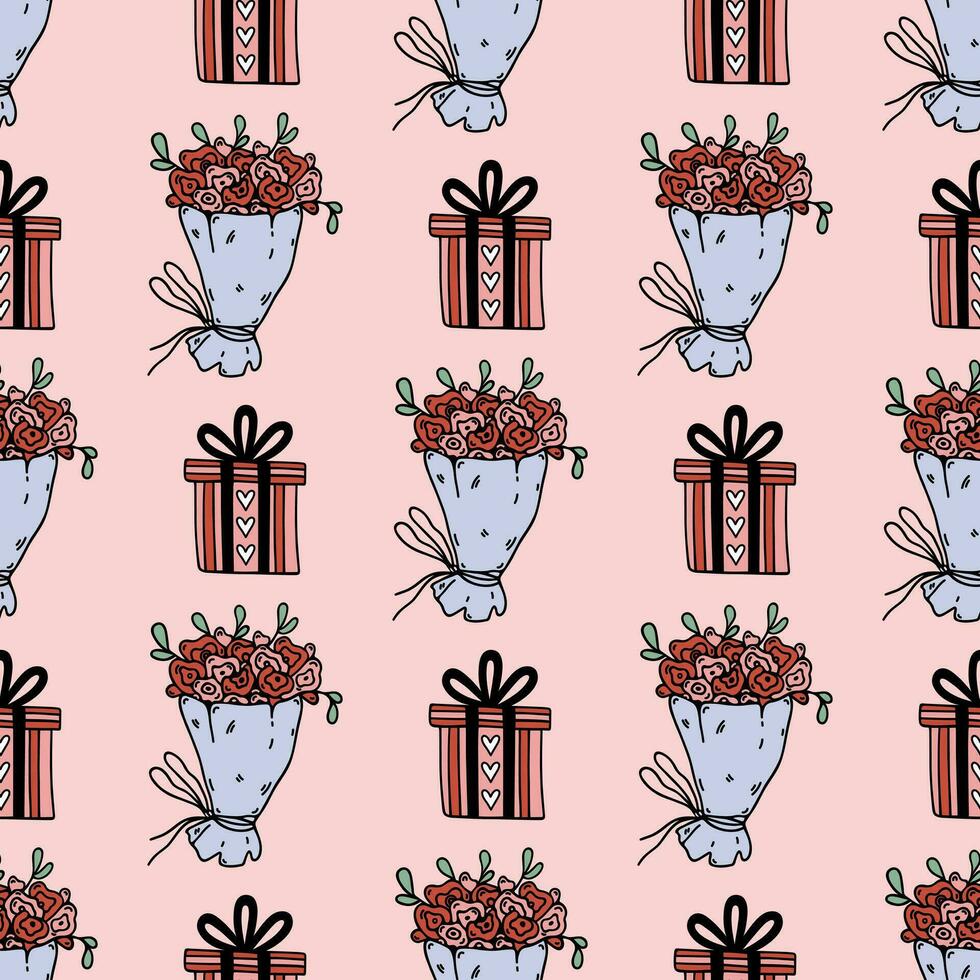 Bouquet of roses and gift box, seamless vector pattern. Cute red and pink flowers, closed holiday present with bow, ribbon, hearts. For Valentines Day, wedding, date. Flat cartoon doodle background