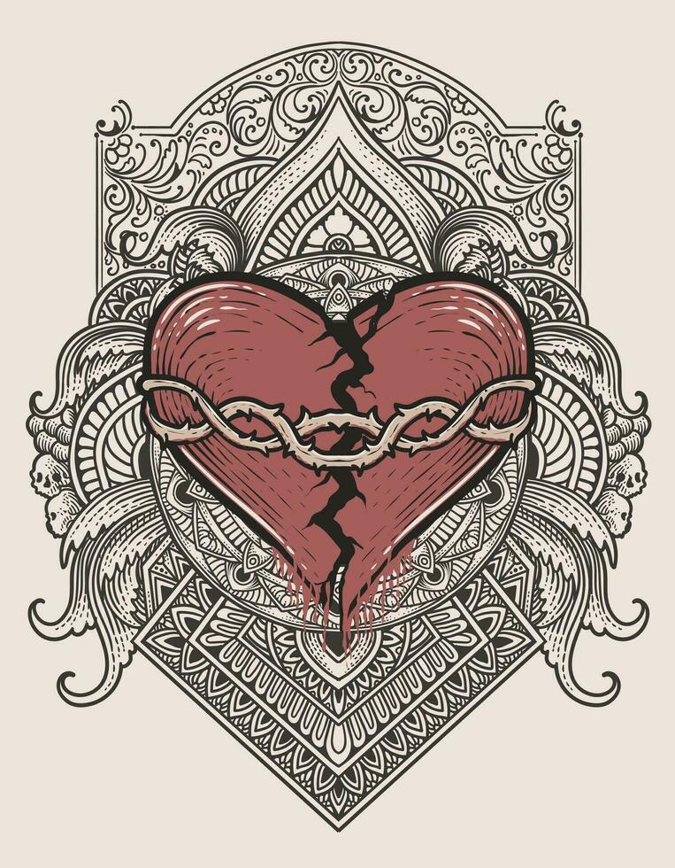 Illustration hand drawn. Broken heart with engraving ornament frame vector