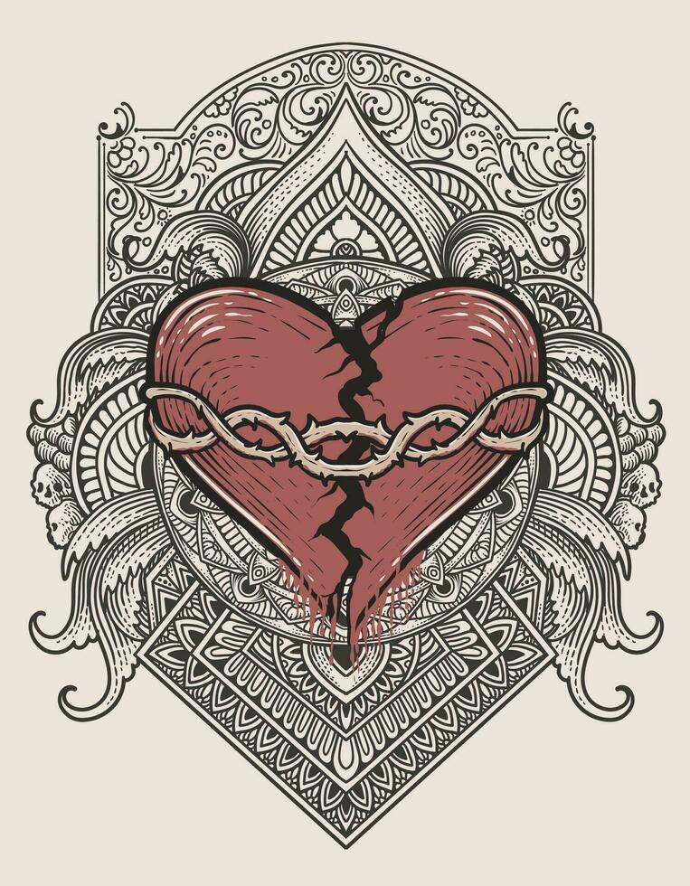 ilustración mano dibujado. roto corazón con grabado ornamento marco vector