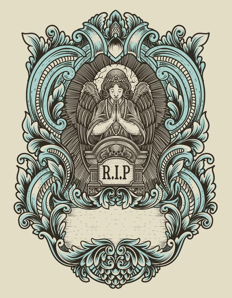 Illustration vector angels praying at the tombstone with engraving ornament frame