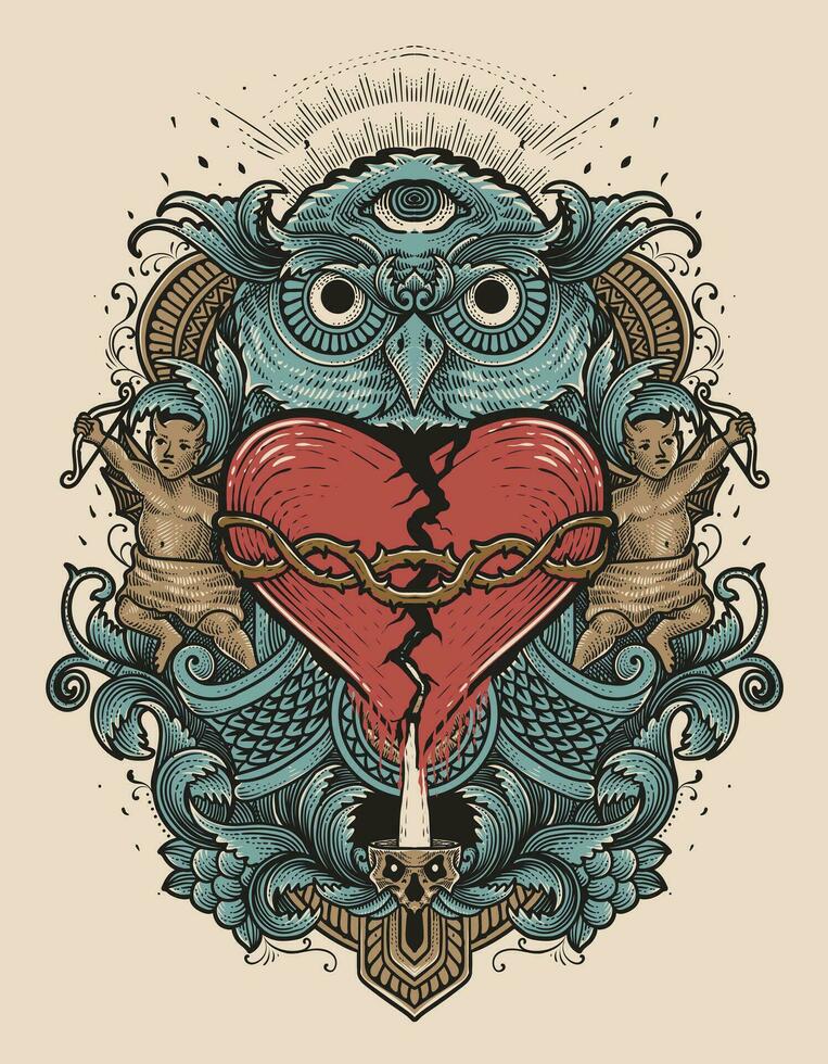 Illustration hand drawn. Broken heart with engraving ornament frame vector