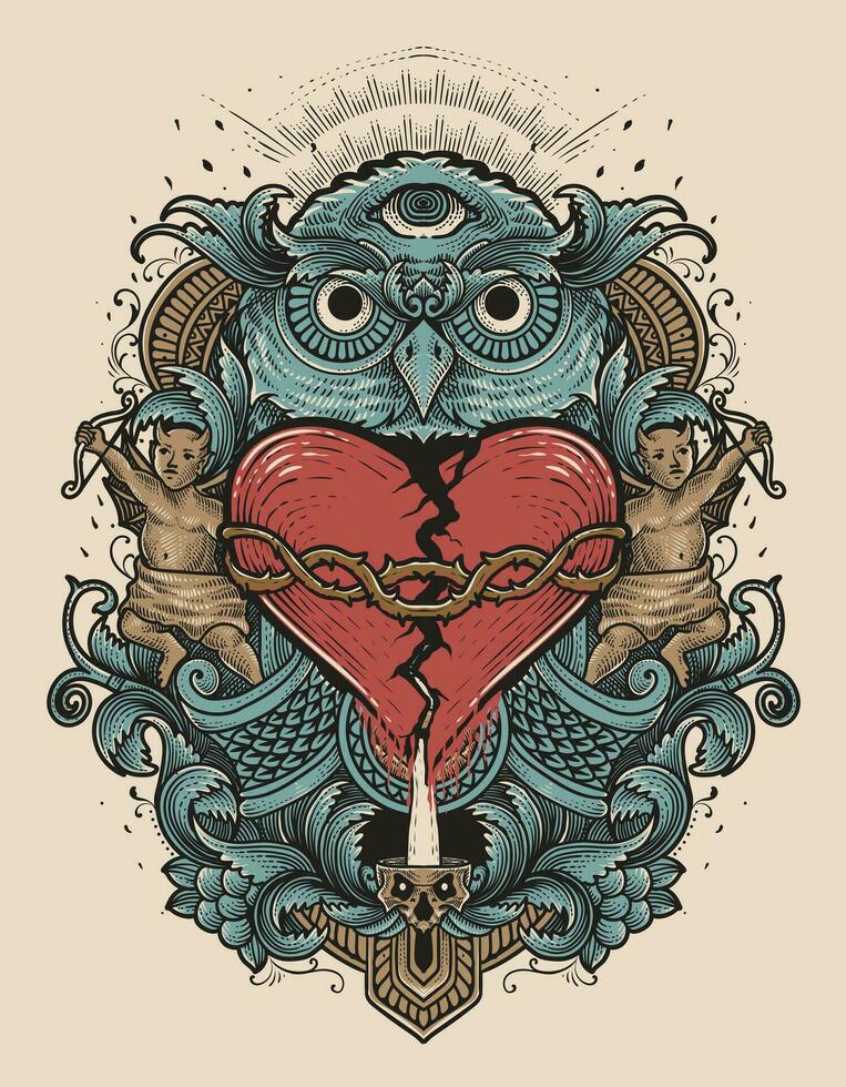 ilustración mano dibujado. roto corazón con grabado ornamento marco vector