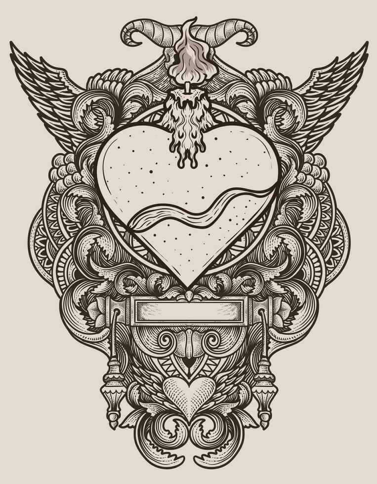 Illustration hand drawn. Vintage love heart with engraving ornament vector