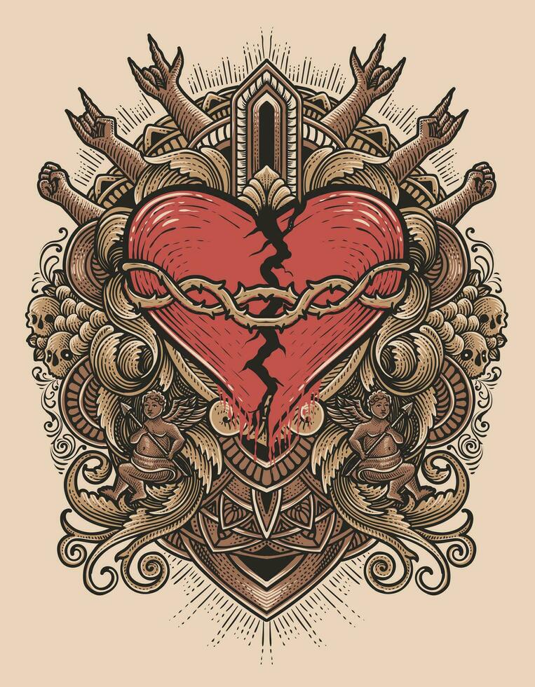 Illustration hand drawn. Broken heart with engraving ornament frame vector