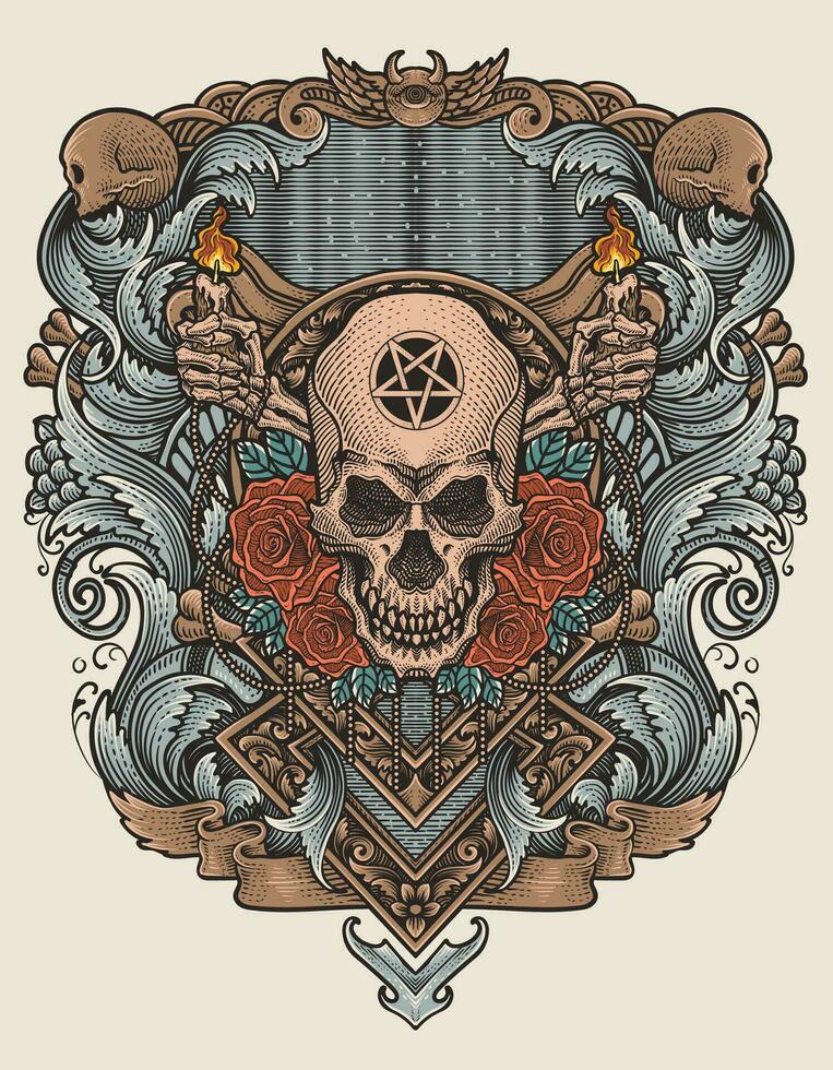 ilustración Clásico cráneo cabeza Rosa con grabado ornamento vector