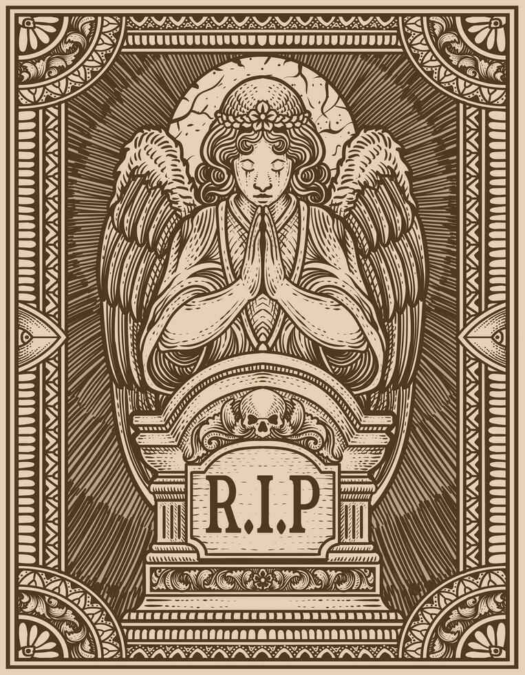 Illustration vector angels praying at the tombstone with engraving ornament frame