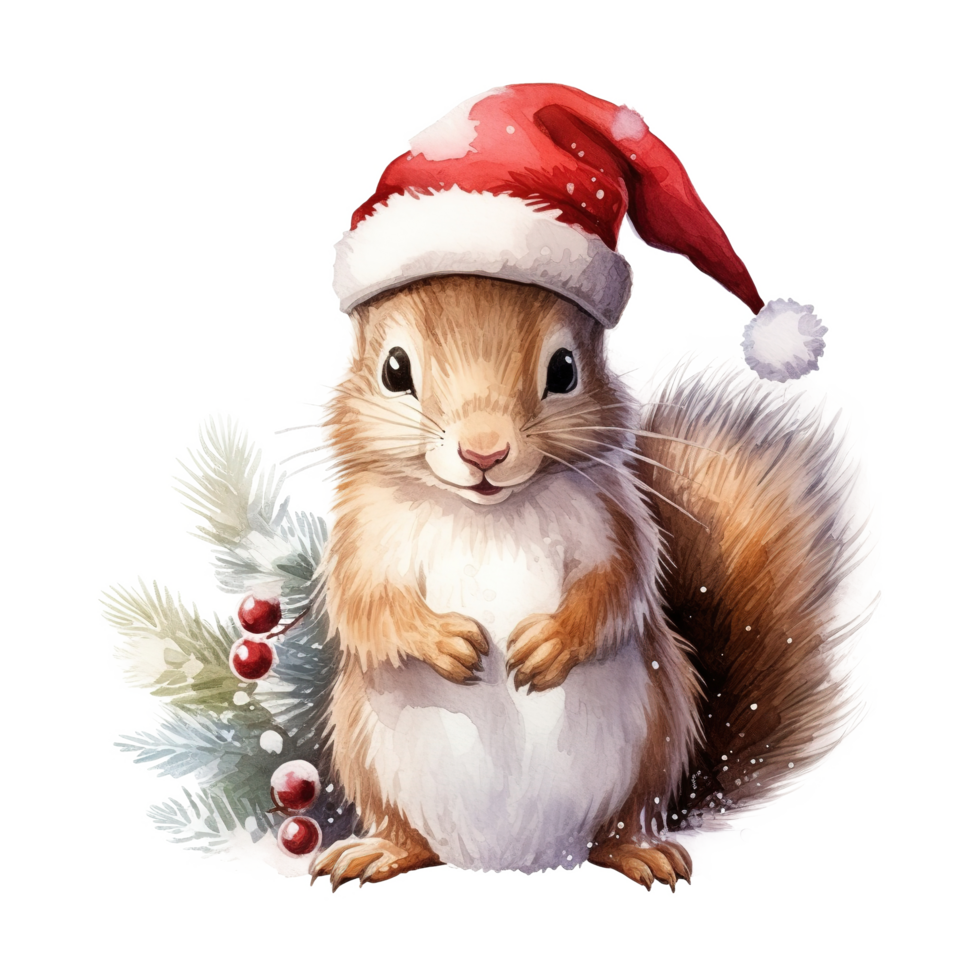 AI generated Squirrel Wearing Santa Hat For Christmas Event. Watercolor Style. AI Generated png