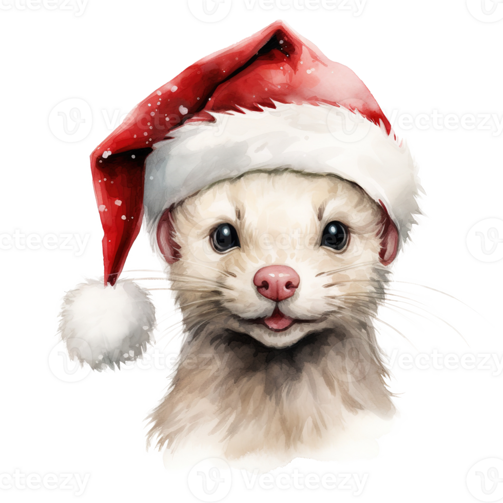 AI generated White Weasel Wearing Santa Hat For Christmas Event. Watercolor Style. AI Generated png