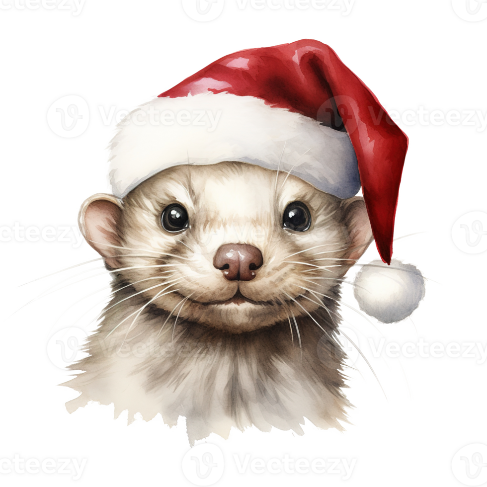 AI generated White Weasel Wearing Santa Hat For Christmas Event. Watercolor Style. AI Generated png