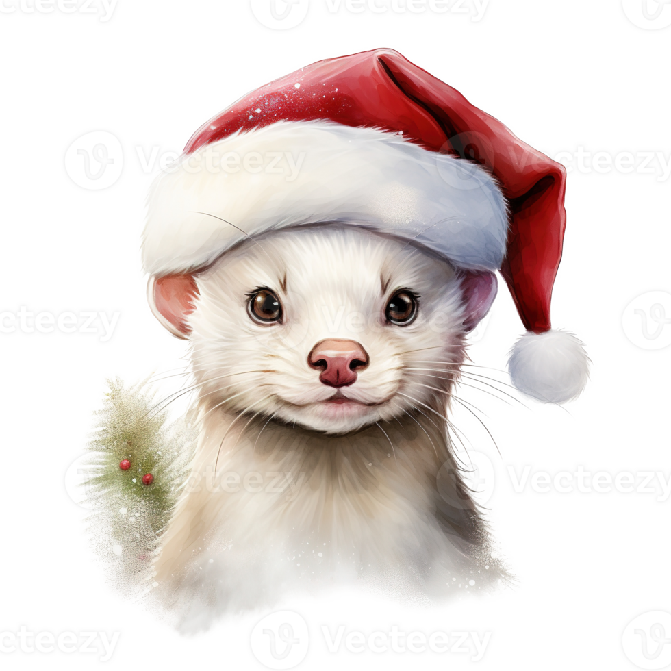 AI generated White Weasel Wearing Santa Hat For Christmas Event. Watercolor Style. AI Generated png
