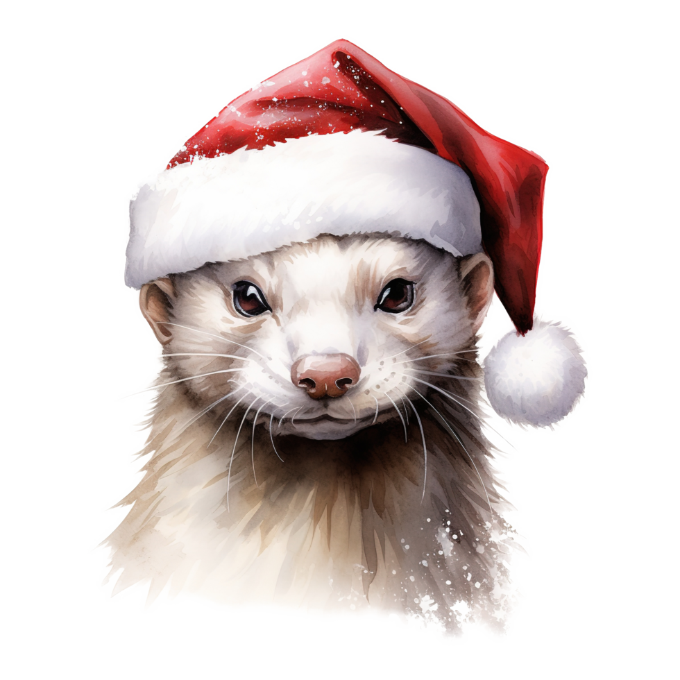 AI generated White Weasel Wearing Santa Hat For Christmas Event. Watercolor Style. AI Generated png