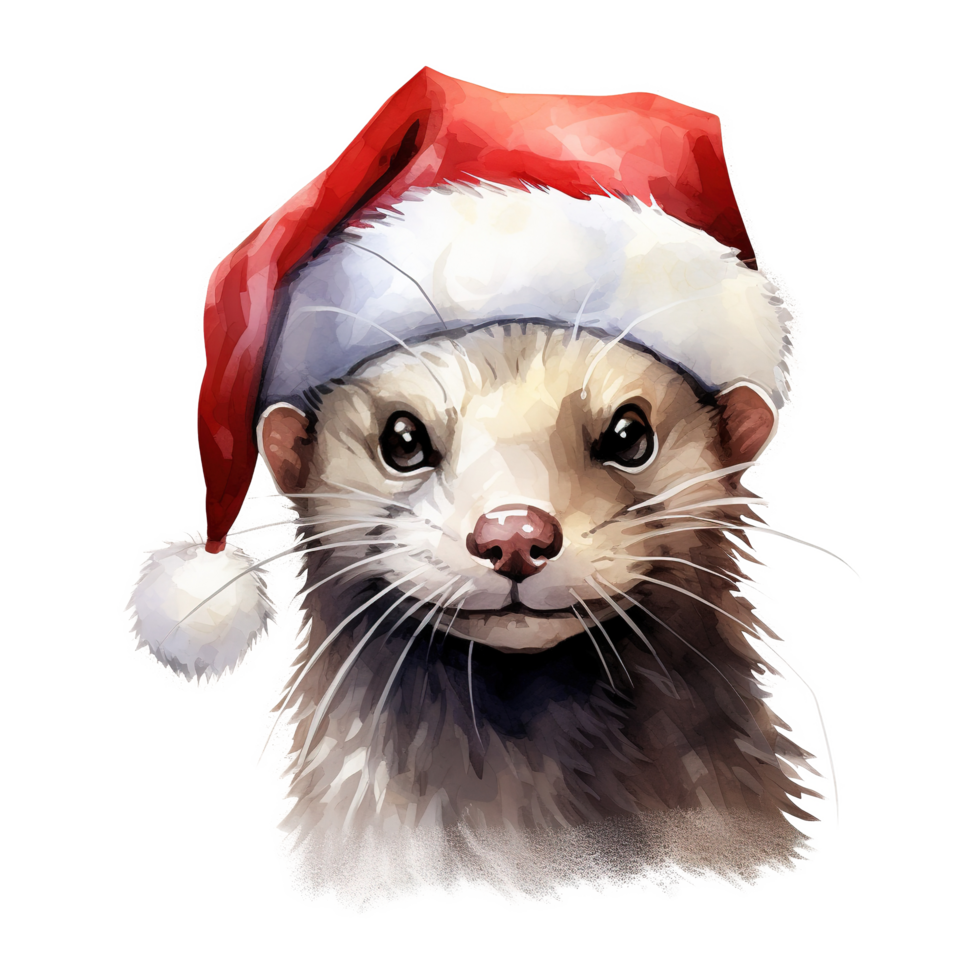 AI generated White Weasel Wearing Santa Hat For Christmas Event. Watercolor Style. AI Generated png