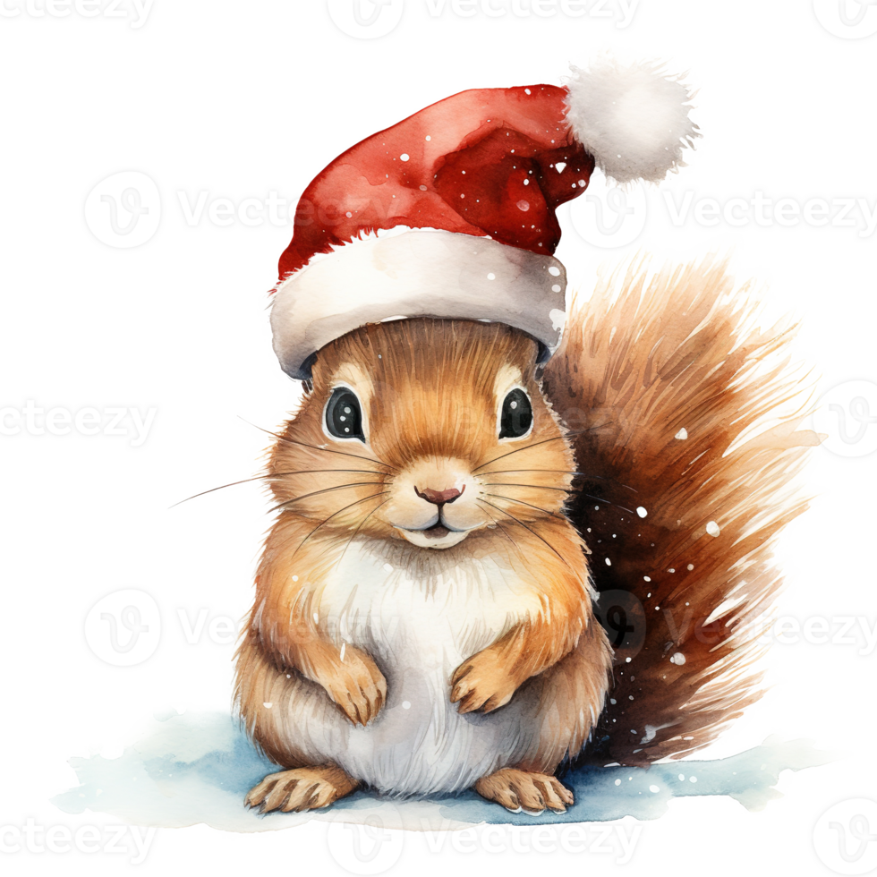 AI generated Squirrel Wearing Santa Hat For Christmas Event. Watercolor Style. AI Generated png