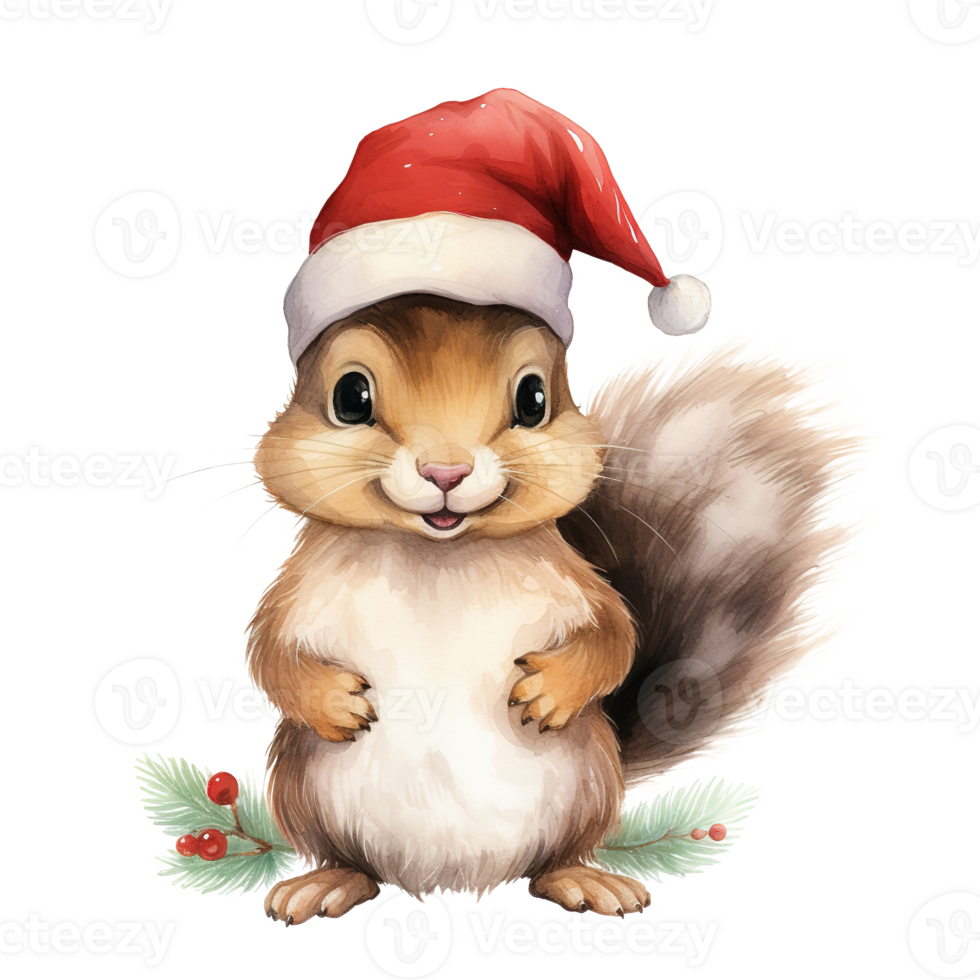 AI generated Squirrel Wearing Santa Hat For Christmas Event. Watercolor Style. AI Generated png