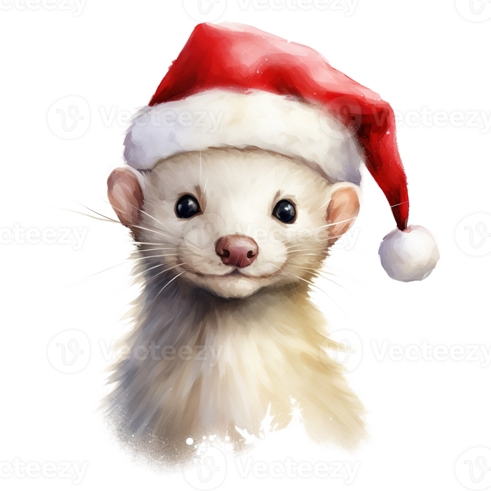AI generated White Weasel Wearing Santa Hat For Christmas Event. Watercolor Style. AI Generated png