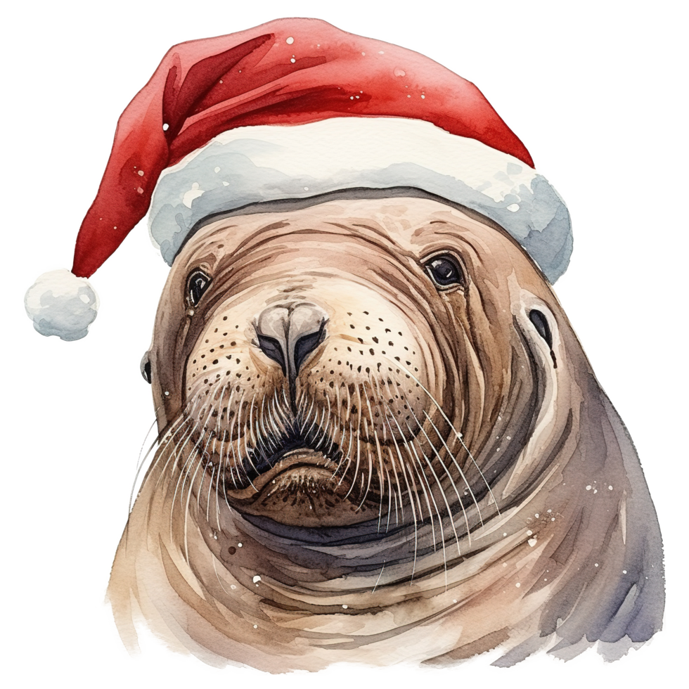 AI generated Walrus Wearing Santa Hat For Christmas Event. Watercolor Style. AI Generated png