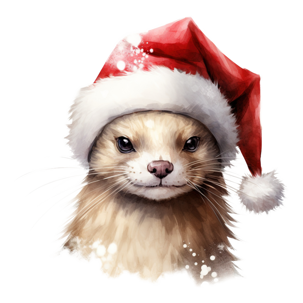 AI generated White Weasel Wearing Santa Hat For Christmas Event. Watercolor Style. AI Generated png