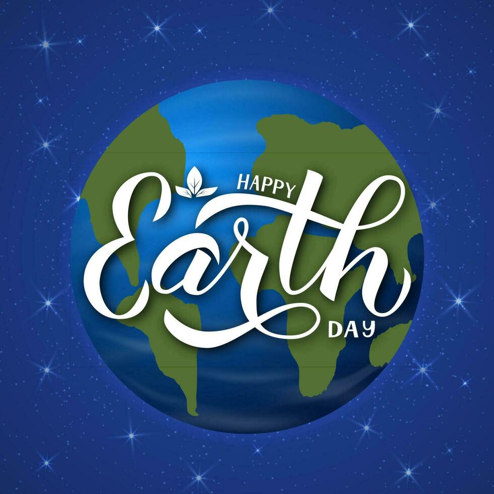 Happy Earth Day calligraphy hand lettering. Planet in space.  Easy to edit vector template for typography poster, banner, logo design, flyer, greeting card, brochure, etc.