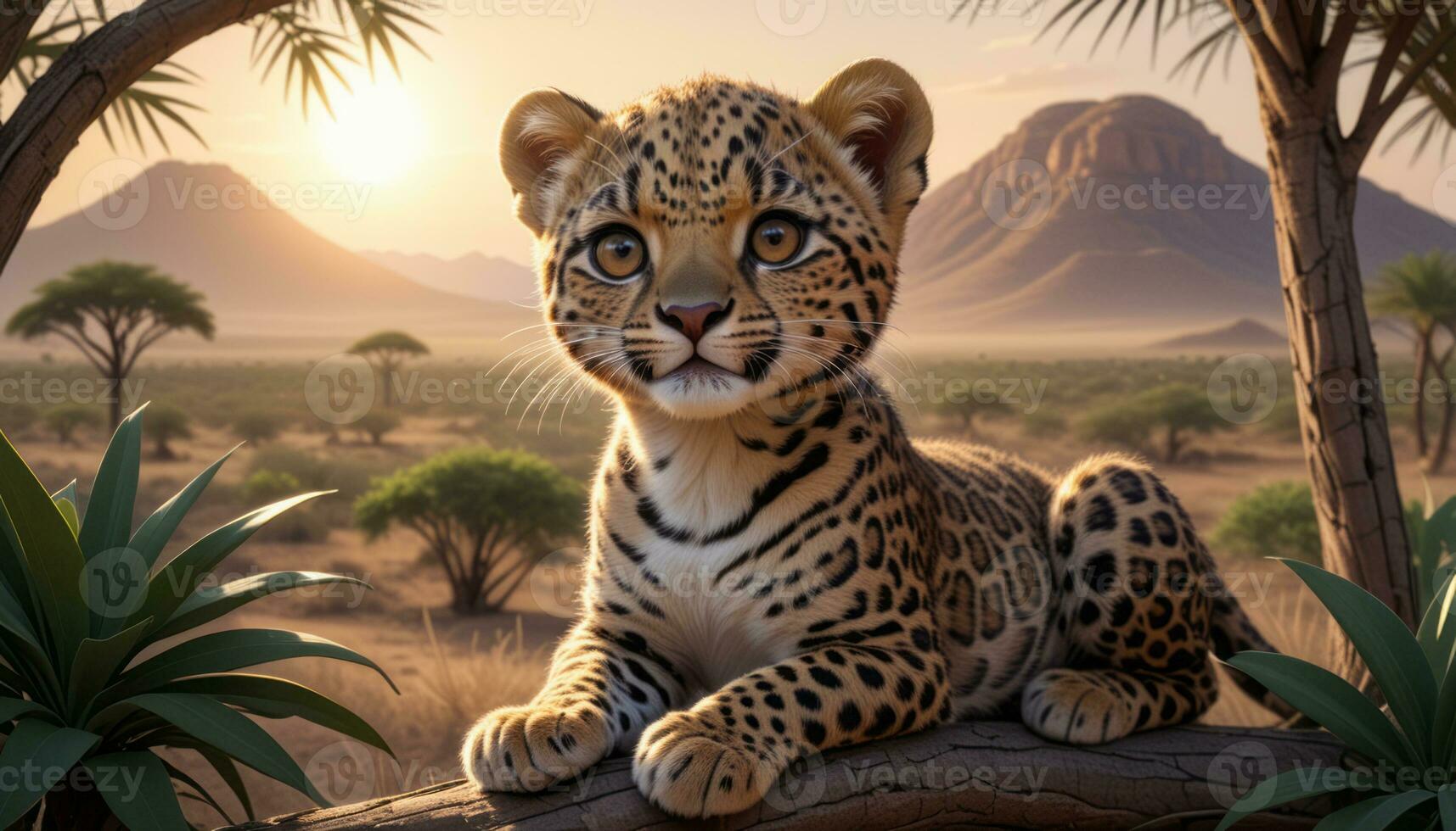 AI Generated Young Leopards Serene Savannah Gaze photo