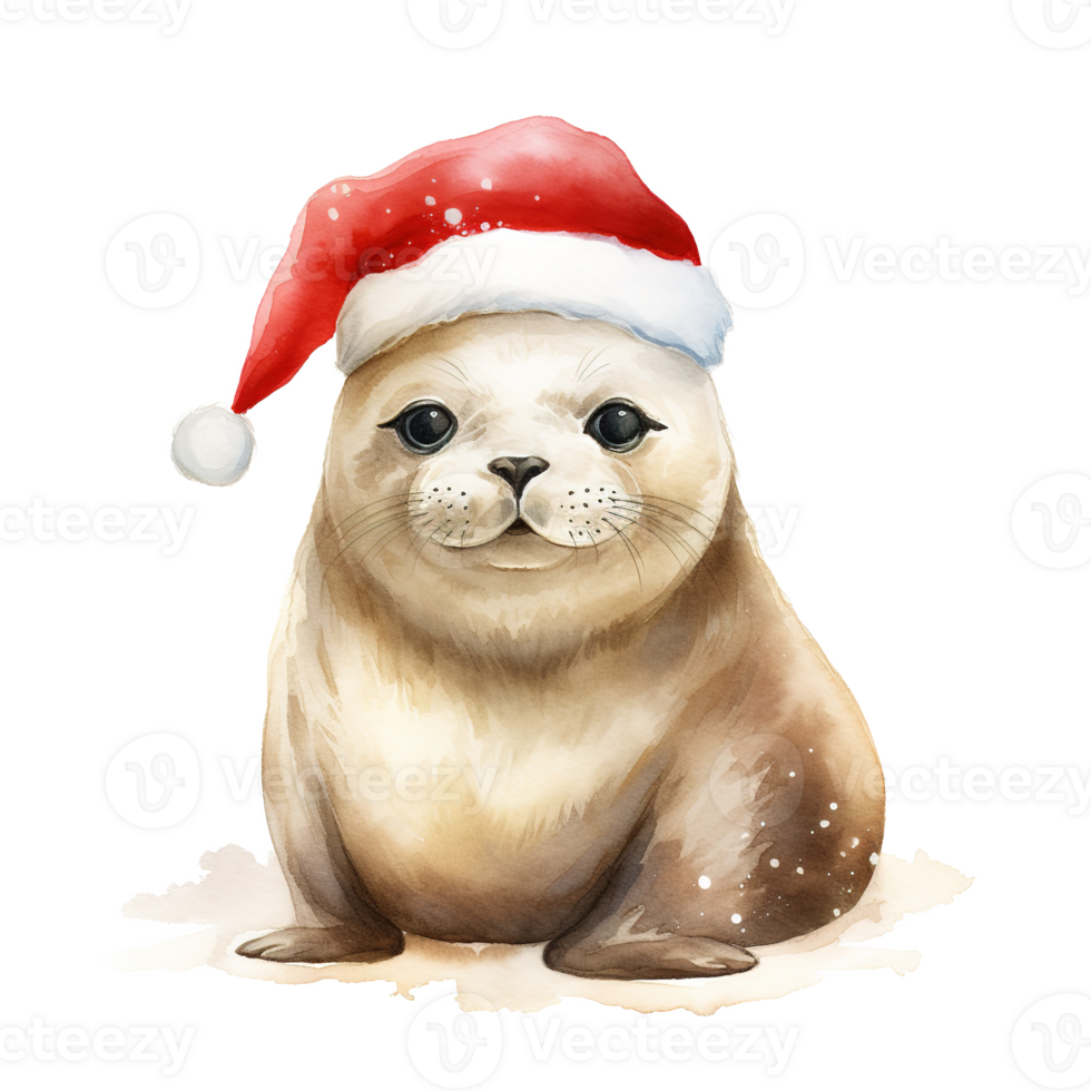 AI generated Seal Wearing Santa Hat For Christmas Event. Watercolor Style. AI Generated png