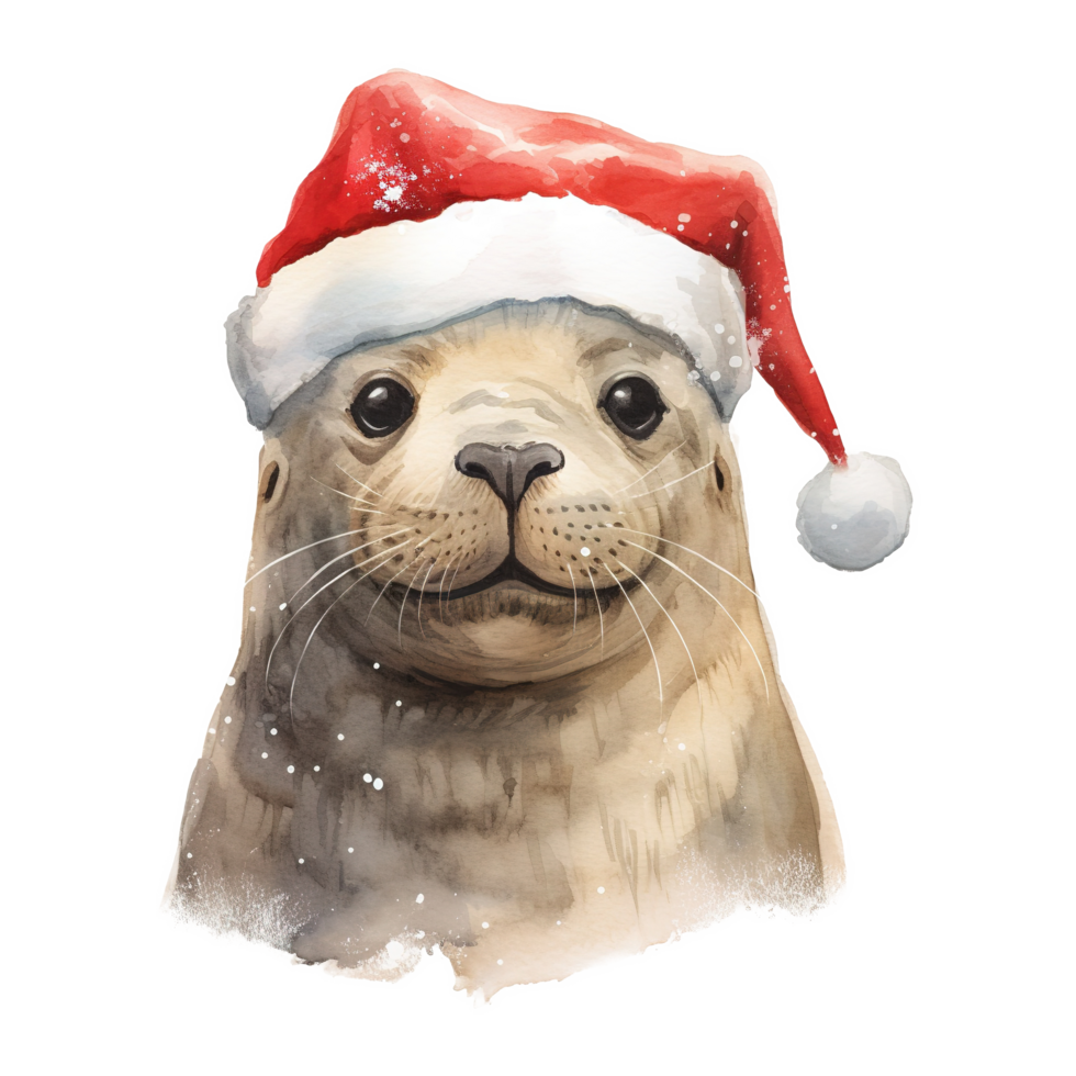 AI generated Seal Wearing Santa Hat For Christmas Event. Watercolor Style. AI Generated png
