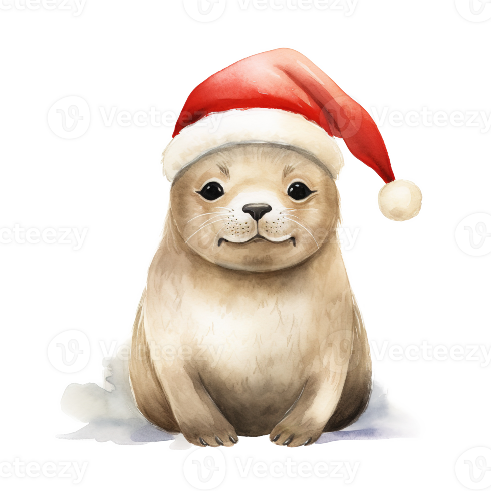 AI generated Seal Wearing Santa Hat For Christmas Event. Watercolor Style. AI Generated png