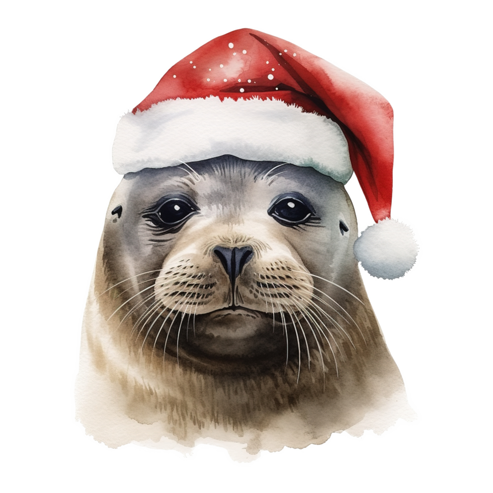 ai gerado foca vestindo santa chapéu para Natal evento. aguarela estilo. ai gerado png