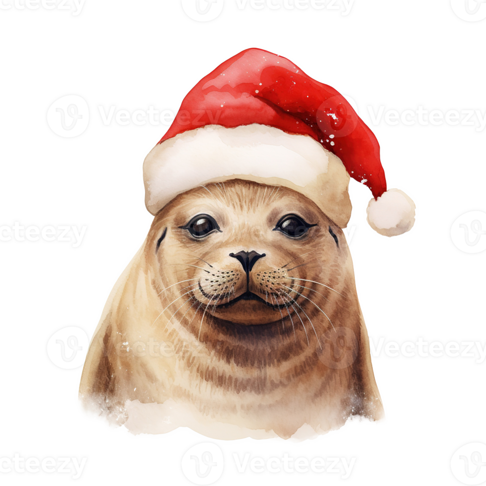 AI generated Seal Wearing Santa Hat For Christmas Event. Watercolor Style. AI Generated png