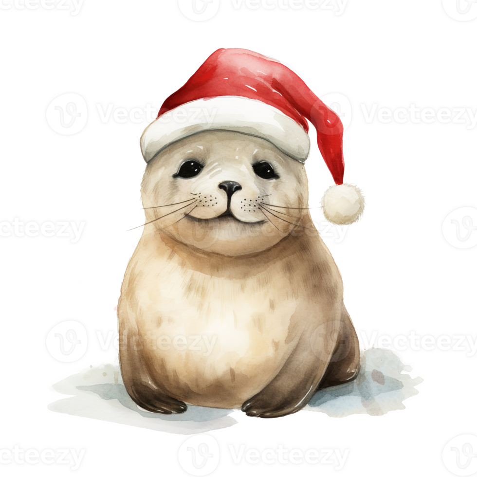 AI generated Seal Wearing Santa Hat For Christmas Event. Watercolor Style. AI Generated png
