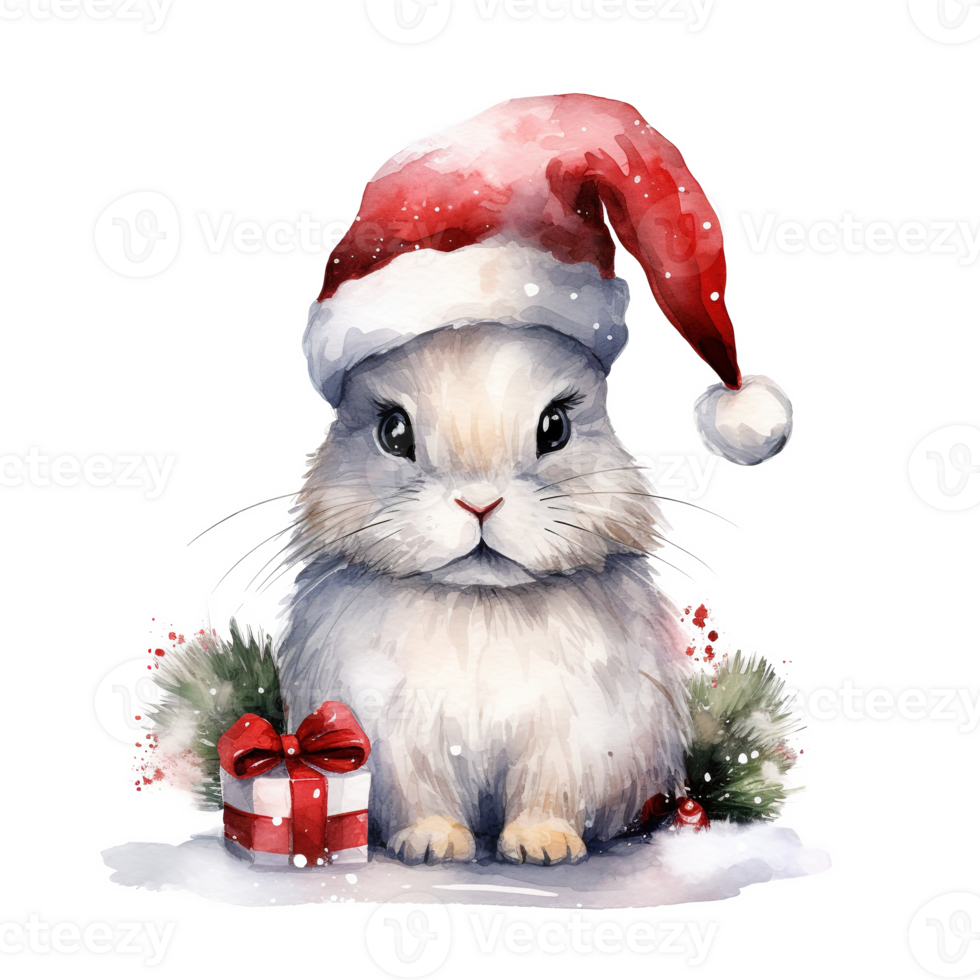 AI generated Rabbit Wearing Santa Hat For Christmas Event. Watercolor Style. AI Generated png