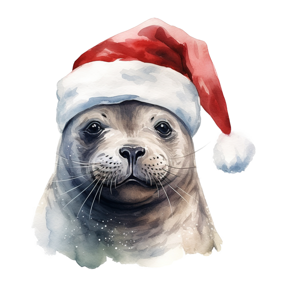 AI generated Seal Wearing Santa Hat For Christmas Event. Watercolor Style. AI Generated png