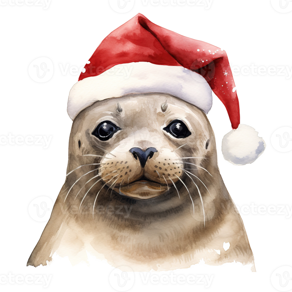 AI generated Seal Wearing Santa Hat For Christmas Event. Watercolor Style. AI Generated png