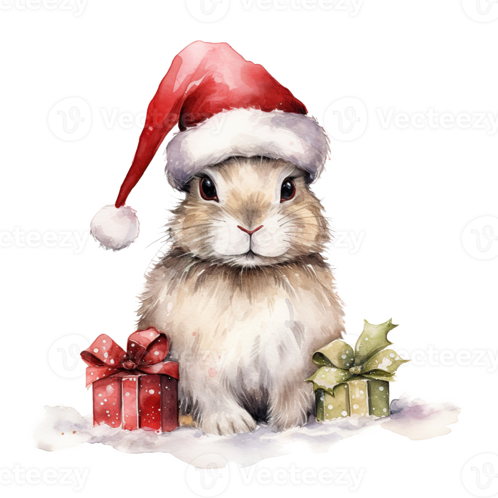 AI generated Rabbit Wearing Santa Hat For Christmas Event. Watercolor Style. AI Generated png