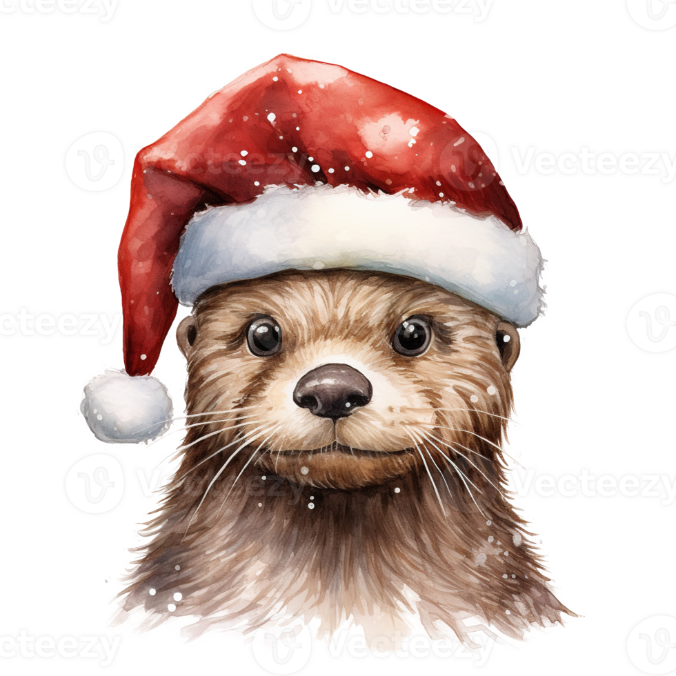 AI generated Otter Wearing Santa Hat For Christmas Event. Watercolor Style. AI Generated png
