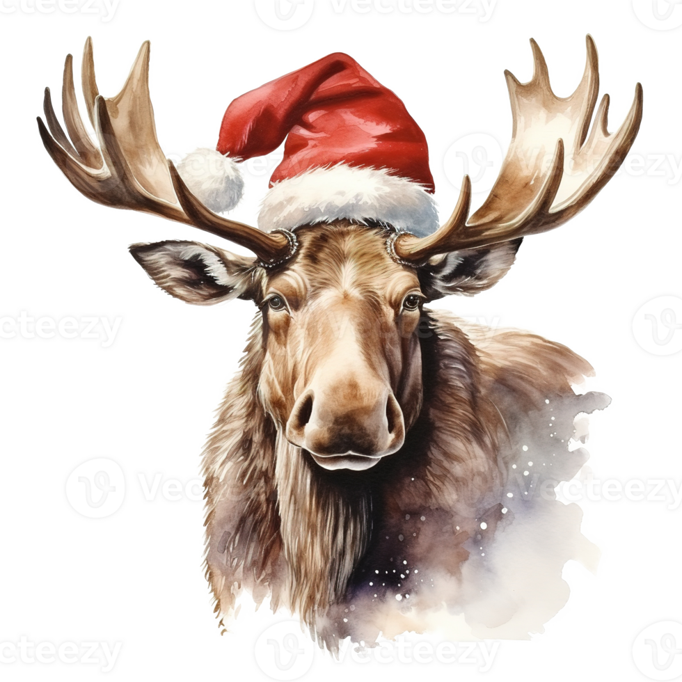 ai genererad älg bär santa hatt för jul händelse. vattenfärg stil. ai genererad png
