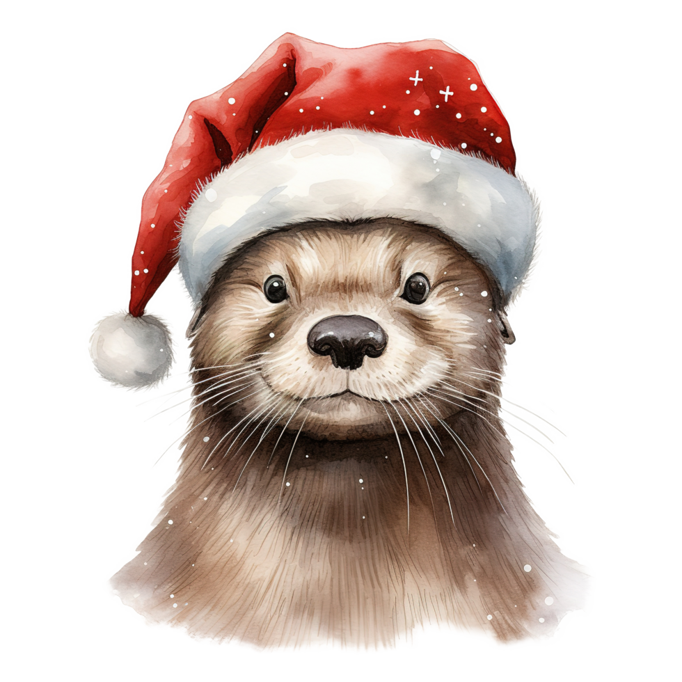 AI generated Otter Wearing Santa Hat For Christmas Event. Watercolor Style. AI Generated png