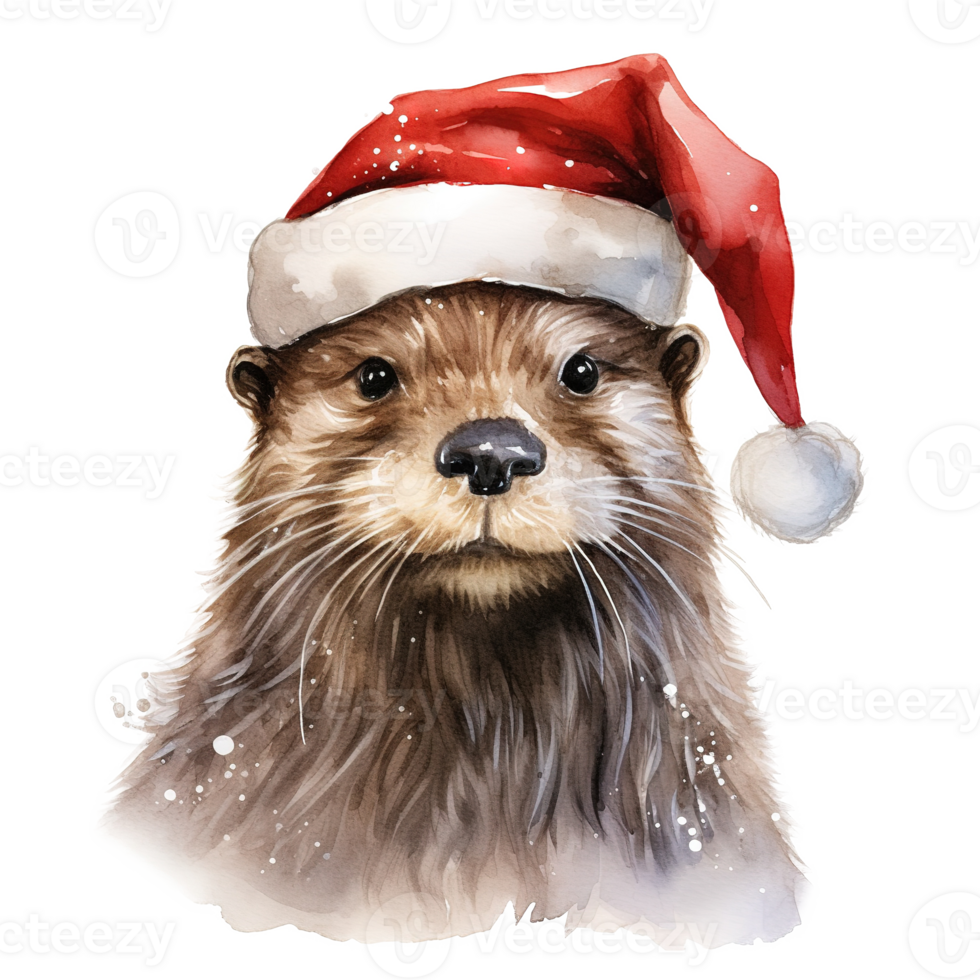 AI generated Otter Wearing Santa Hat For Christmas Event. Watercolor Style. AI Generated png