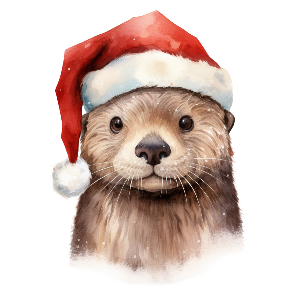 AI generated Otter Wearing Santa Hat For Christmas Event. Watercolor Style. AI Generated png