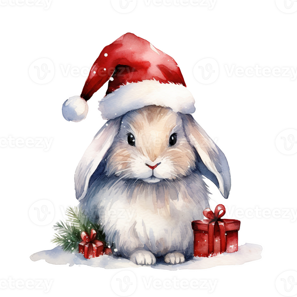 AI generated Rabbit Wearing Santa Hat For Christmas Event. Watercolor Style. AI Generated png